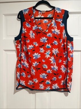 Dalia Red Floral V-Neck Sleeveless Tank with Navy Trim